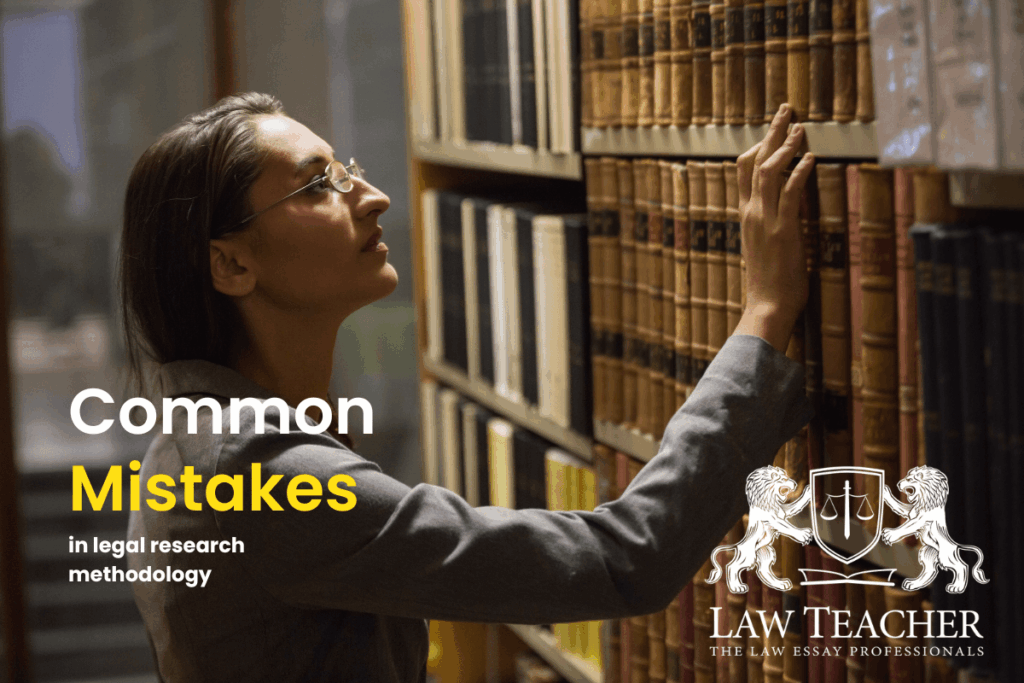 Banner headed common mistakes in legal research methodology, with a lawyer browsing the law library